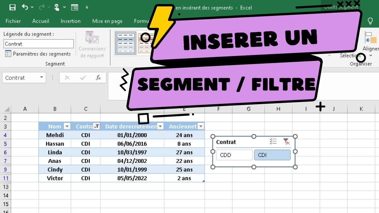 Comment insrer un Segment sur Excel Filtre de donnes  partir dun tableau