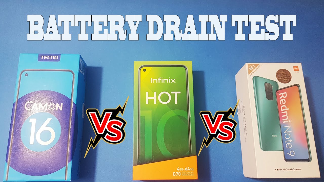 Infinix hot 10 vs Tecno camon 16 vs Redmi note 9  battery drain test