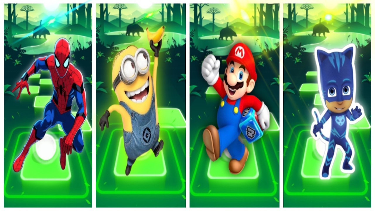 Spider‑Man vs Minions vs Mario vs Catboy || Tiles Hop Perfect Dance Battle Challenge !