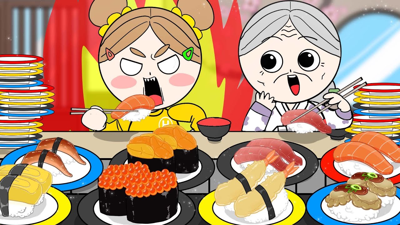 HIU 하이유 Animation | 하이유와 할머니의 모듬초밥 애니 먹방! 연어, 광어, 장어, 우동 Assorted Sushi Mukbang 하이툰