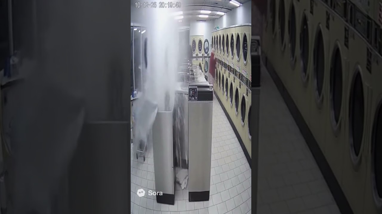 Washing machine violently explodes during spin cycle flooding laundromat! 🌊😱 