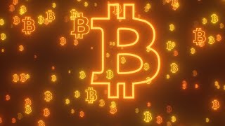 Fly Through Bright Golden Neon Glowing Bitcoin BTC Logo Symbol Shapes 4K Background VJ Video Effect