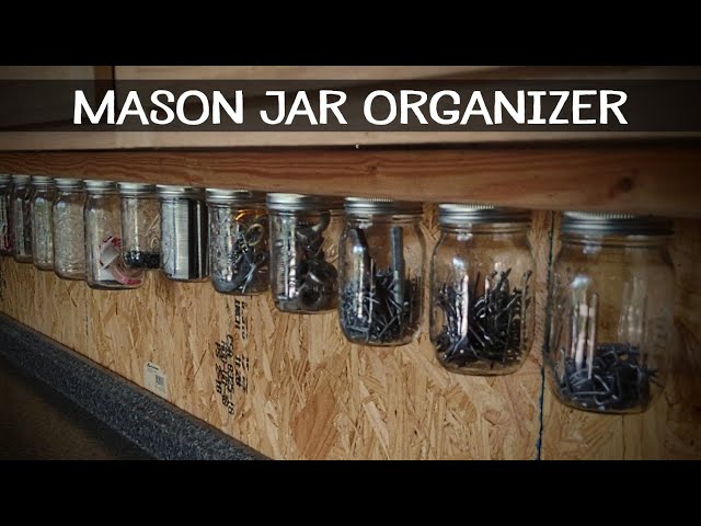 Vintage 16 Glass Jar and metal Hardware Organizer Storage Rack