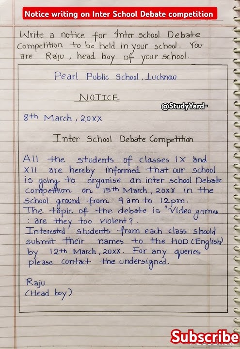 Notice writing on Inter school debate competition l notice writing on debate competition l notice