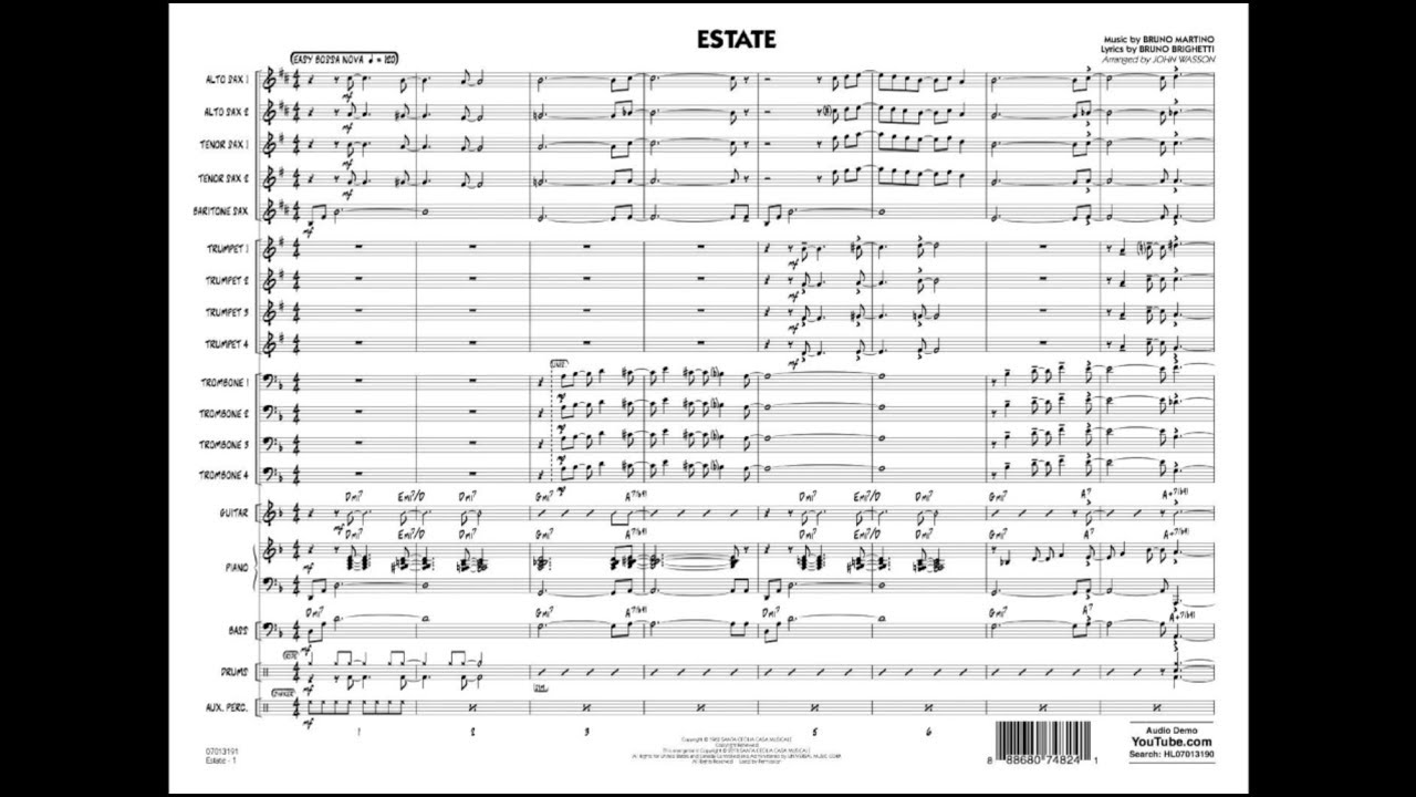 Estate Comp By Bruno Martino Arr By John Wasson ビッグバンド 楽譜セット