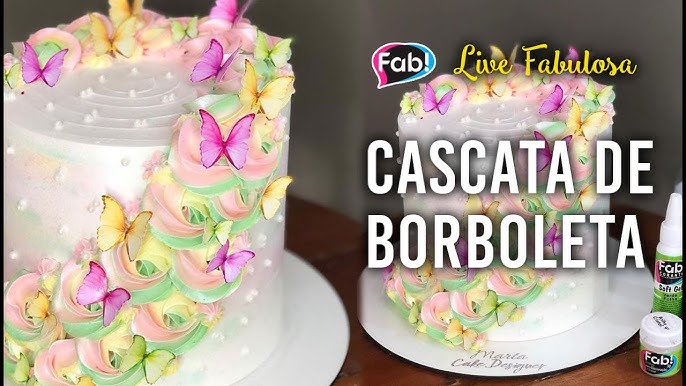 Bolo tema Feminino Espatulado simples Cascata de Rosetas e Borboletas -  Bico 1M - Karine Cakes 