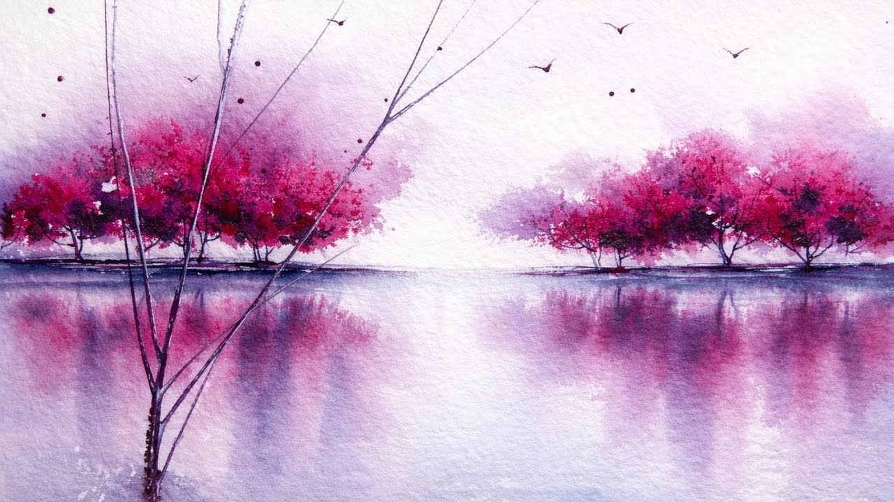Peaceful Watercolor Landscape | Tree Reflections in Water