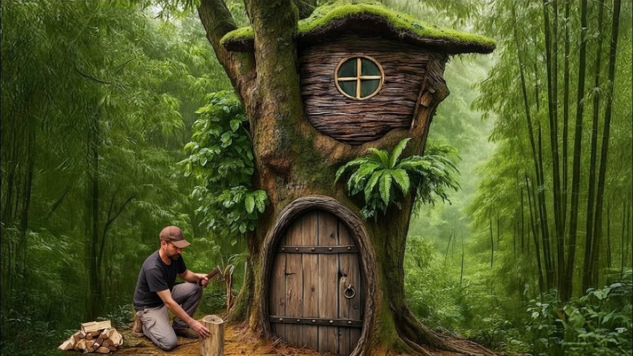 “Alone in the Enchanted Forest 🌲 Crafting a Hidden Shelter Inside a Giant Hollow Tree”