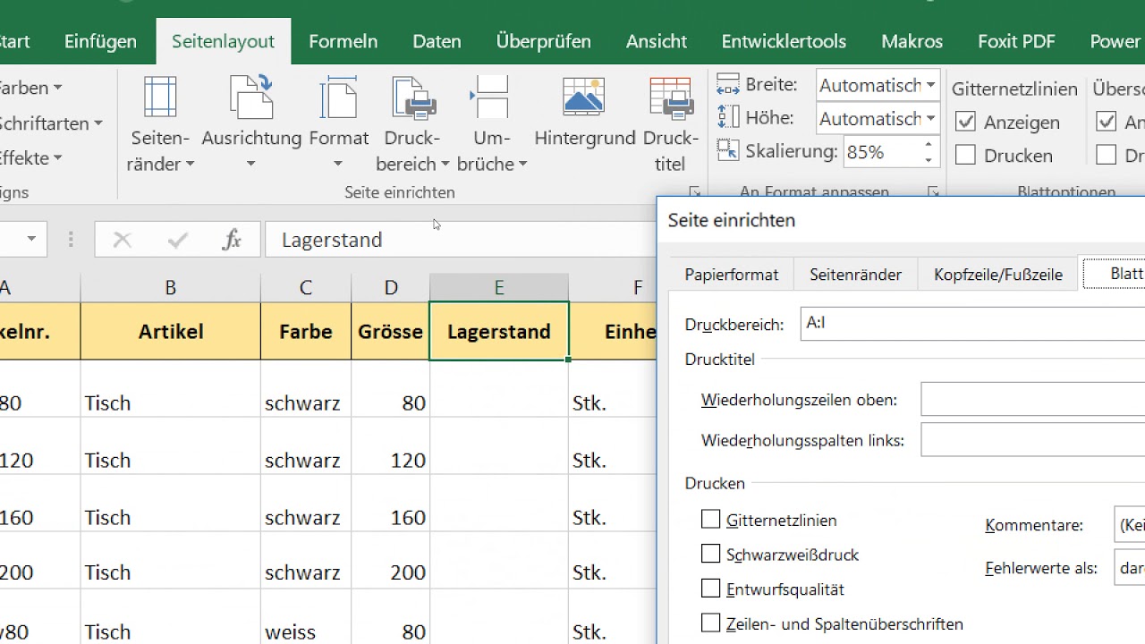New 16112017 Excel 2016, Druckbereich, Drucktitel, Blatt skalieren