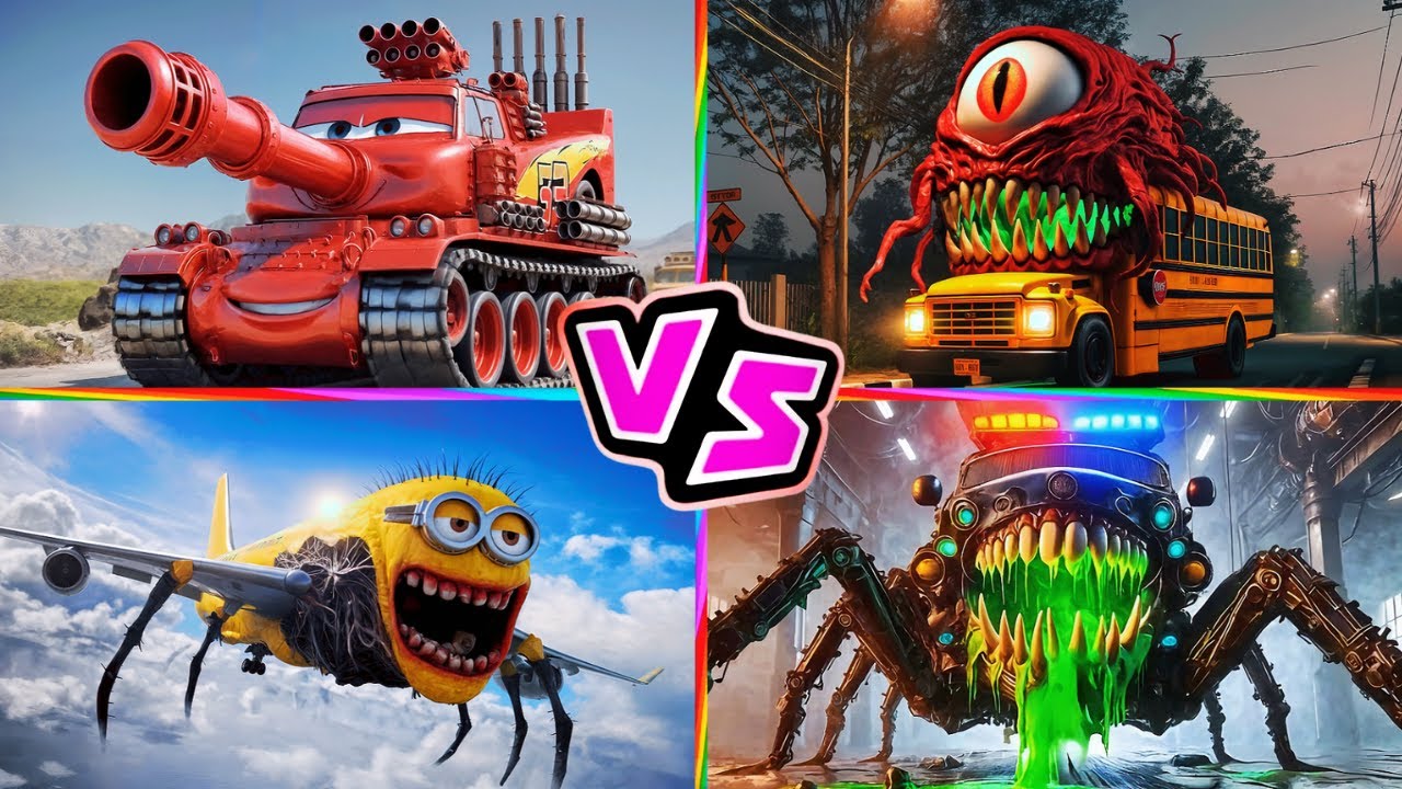 McQueen Tank 🆚 School Bus Monster 🆚 Minion INFECTED SKY 🆚 Police Car 🎶 Tiles Hop EDM Rush