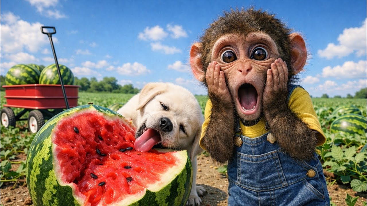 Monkey Rescues a Cute Puppy & Fights a Monster Crocodile! 🐶🍉