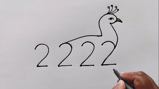 Draw Peacock With 2222 Number | Peacock Drawing Tutorial | Peacock Drawing From 2222