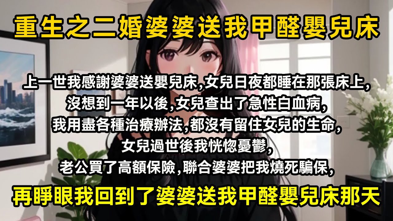 上一世我感謝婆婆送嬰兒床，女兒日夜都睡在那張床上，沒想到一年以後，女兒查出了急性白血病，我用盡各種治療辦法，都沒有留住女兒的生命，女兒過世後我恍惚憂鬱，老公買了高額保險，聯合婆婆把我燒死騙保