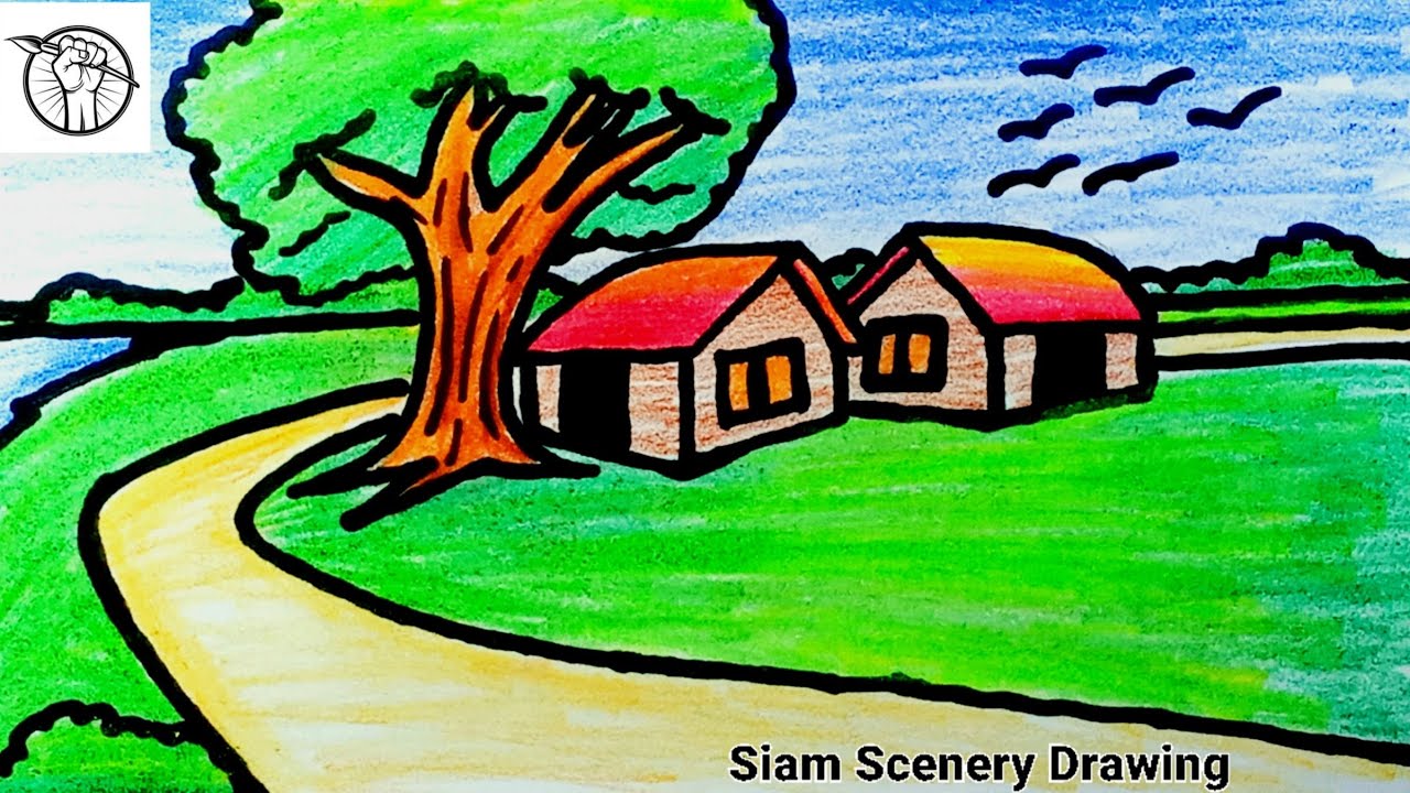 How to draw a beautiful scenery || Easy Step-By-Step drawing || Siam ...