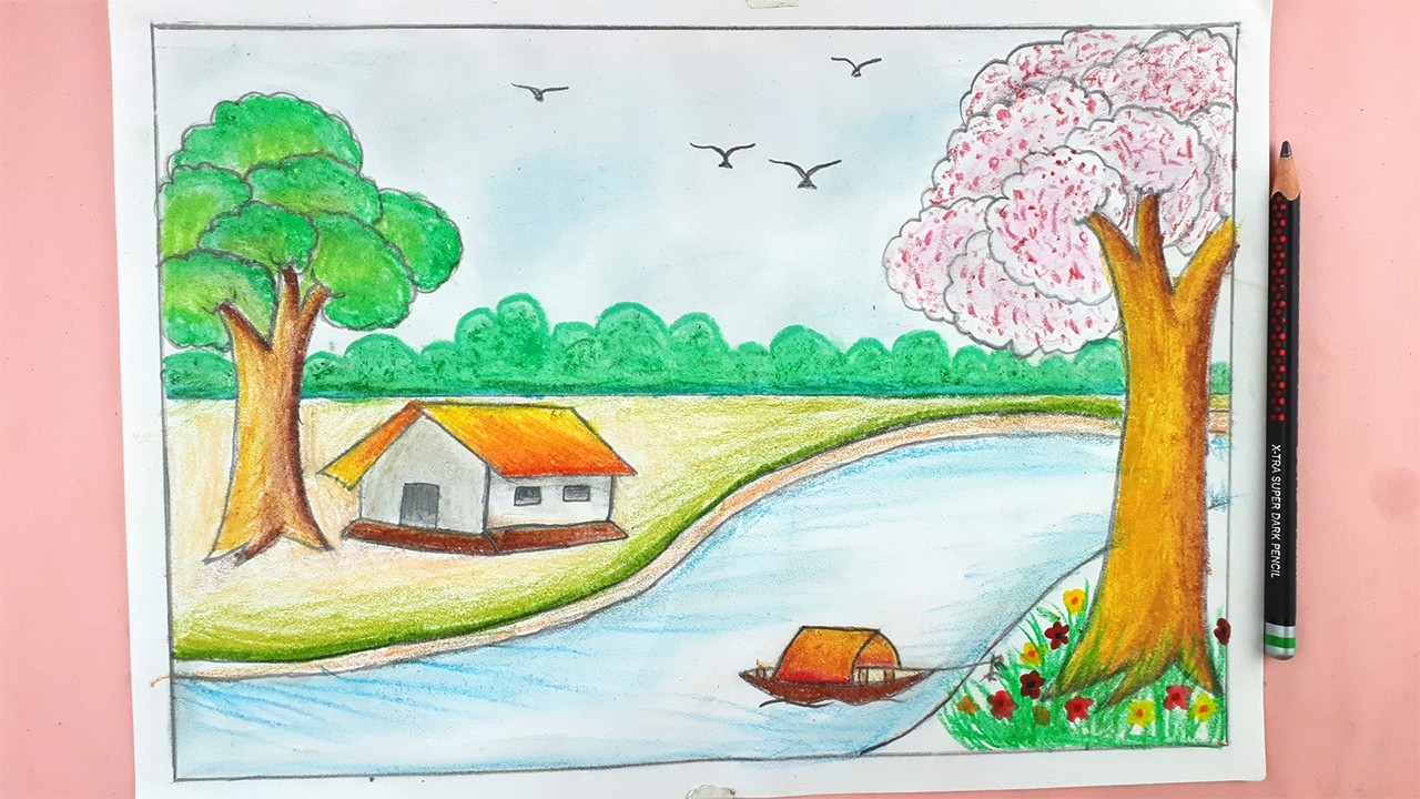 Spring Season Drawing || How to draw Spring Season Step by Step || Scenery drawing || Easy Drawing