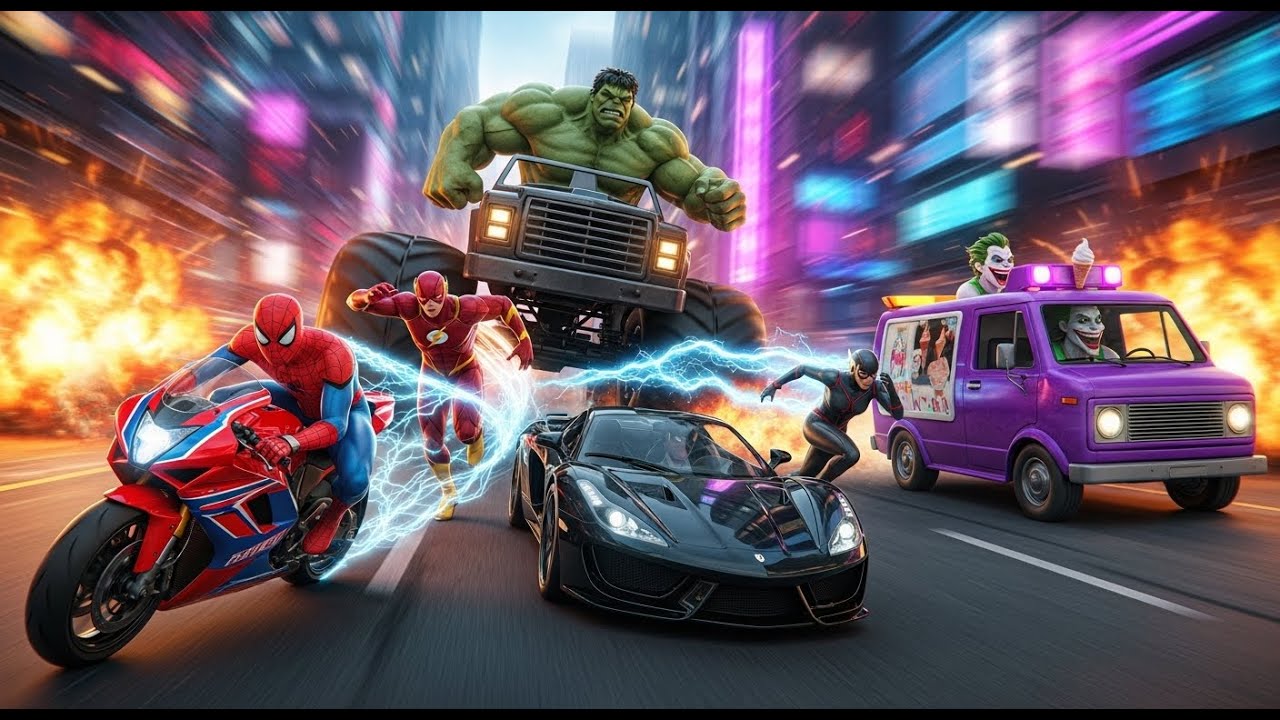 Epic Superhero Race Spiderman, Hulk, Flash, Black Cat & Joker Chaos!