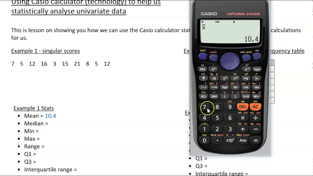 Using casio calculators to find mean median min max Q19 Q19 for singular  scores or in frequency tables