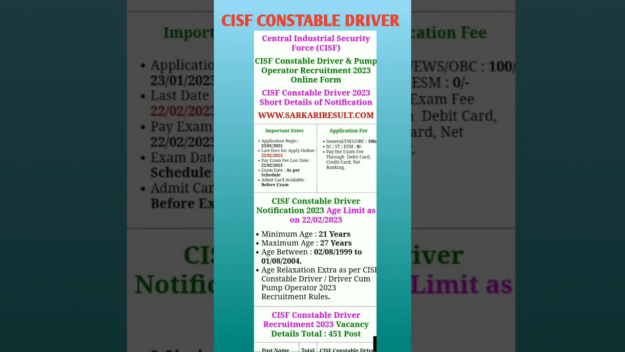 CISF Constable Driver Recruitment 2023 |CISF Constable Driver Recruitment 2023 Apply Online|