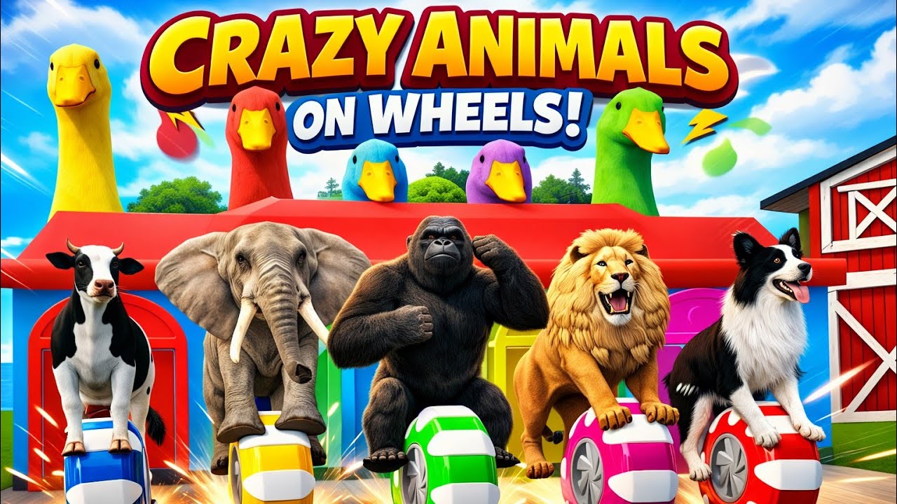 رسوم متحركة لبطة، بقرة، فيل، أسد، ديناصور، حيوانات برية تعبر نافورة متحركة