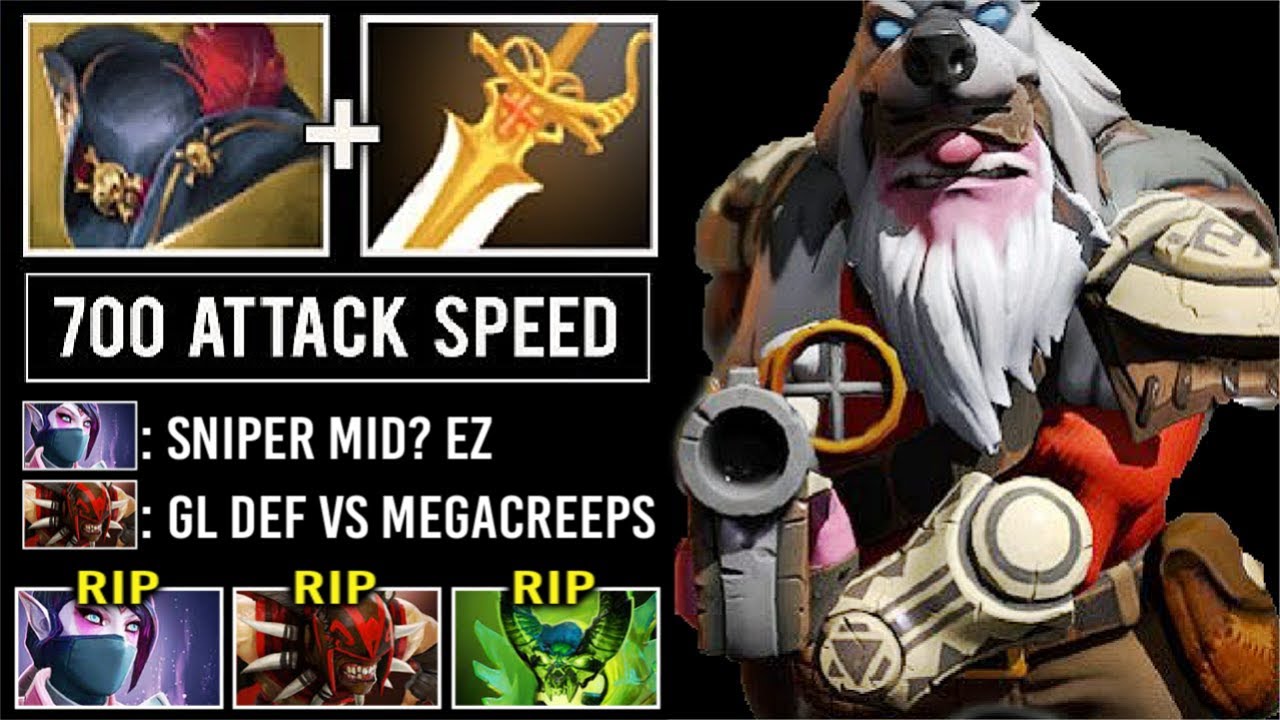 MACHINE GUN Pirate Hat + Rapier Sniper vs MEGAS + Counter Pick Max Attack Speed Throne Def Dota 2