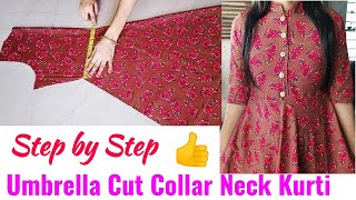 Umbrella Cut Collar Neck Kurti Cutting and Stitching / Umbrella Cut Kurti/Gown Cutting and Stitching