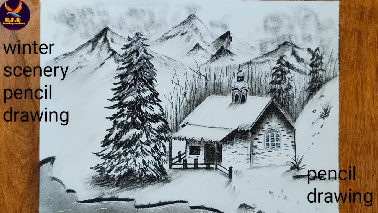 Winter landscape pencil drawing/mountain scenery pencil drawing 