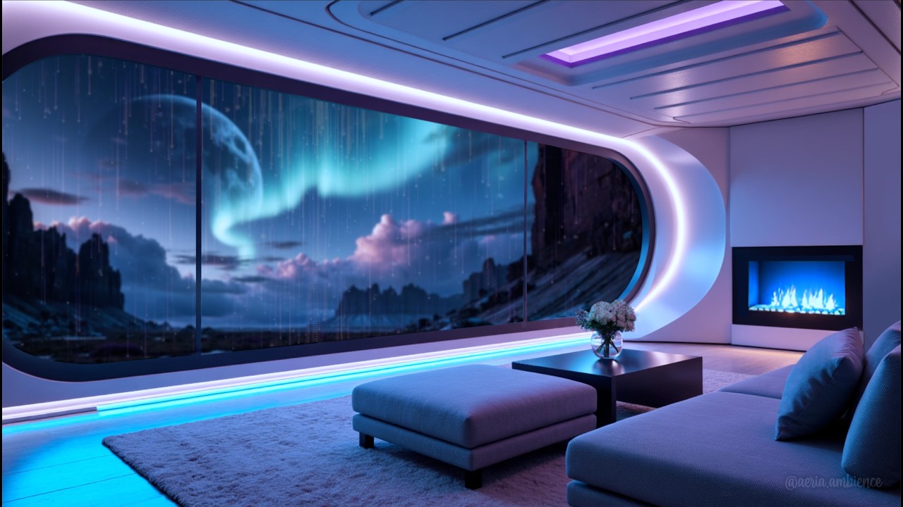 Cosmic Planet Observatory | Gentle Rain & Fireplace Glow with Soft Piano (1 Hour)