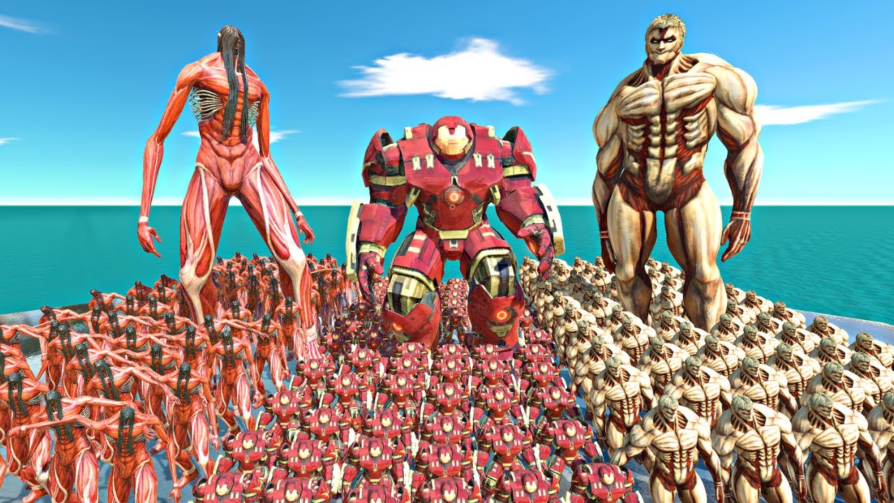 Eren Titan vs Hulkbuster vs Armored Titan - Animal Revolt Battle Simulator