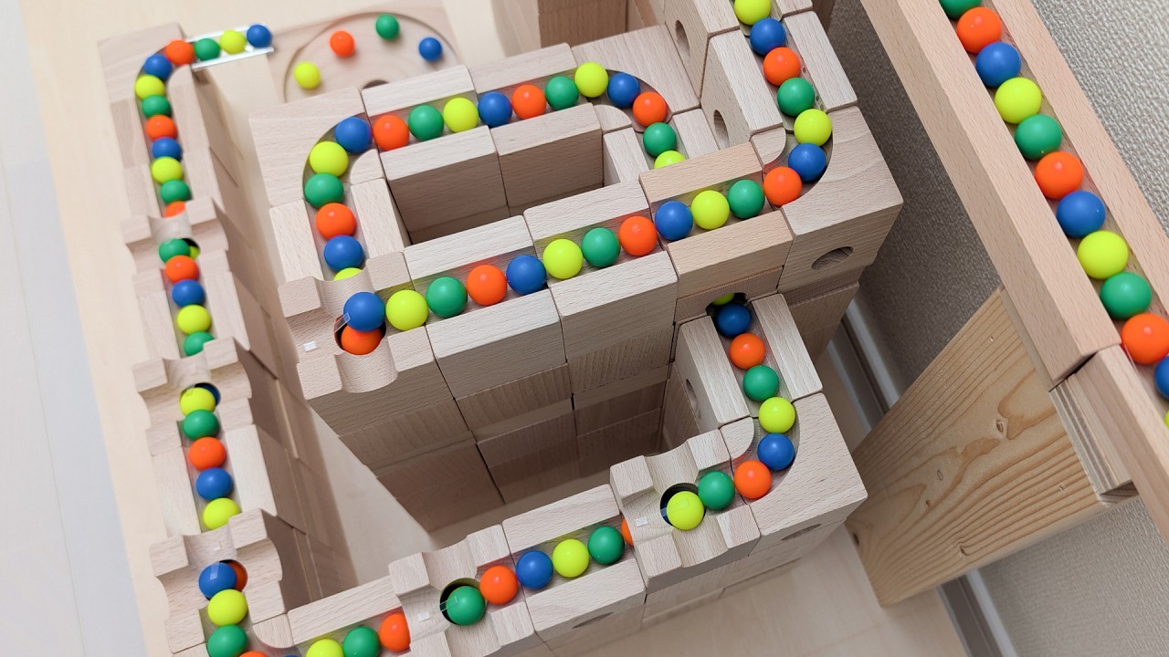 マーブルランレース☆キュボロASMR＋バネのクルクル＋踏切バリア＋トラック＋回転プレート＋クアドリラ＋HABA