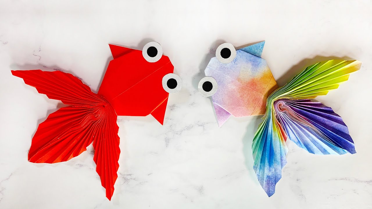 折り紙　金魚　ピアス　不切正方形一枚折り　赤2匹 簡単折り紙】 金魚🐠✨How to make Goldfish#きんぎょ#Goldfish#金魚