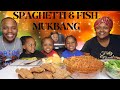 FISH FRY FRIDAY FAMILY MUKBANG!!! FRIED FISH + SPAGHETTI + SALAD + HONEY BUTTER ROLLS EATING SHOW