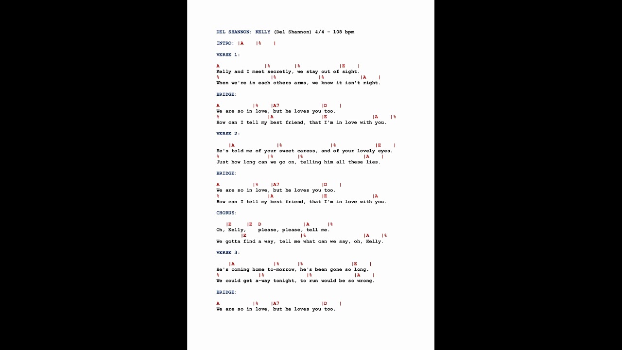 Del Shannon Kelly Free Lyrics And Chords Tab Youtube