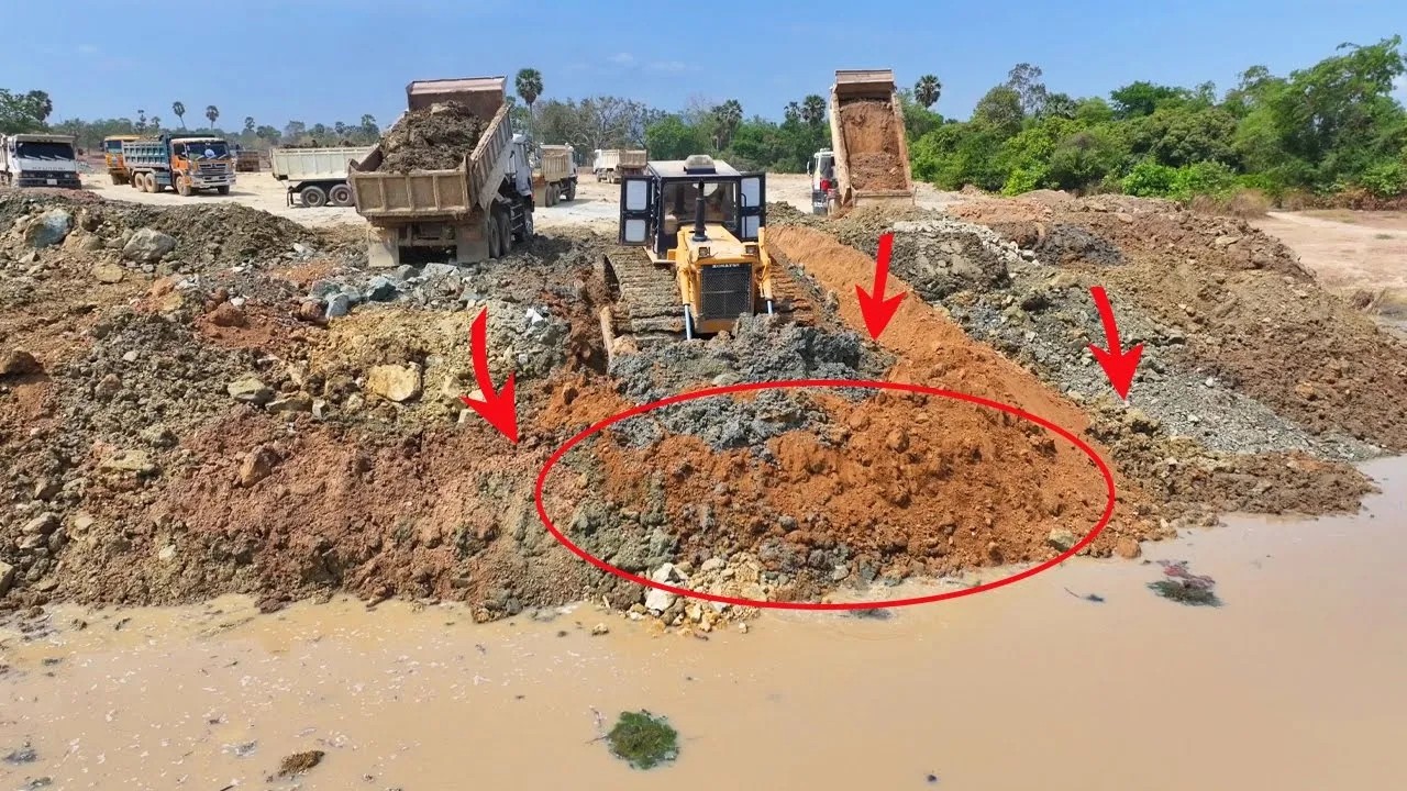 New Project With Skill Power Komatsu D60P Dozer Pushing Stone Leveling Land