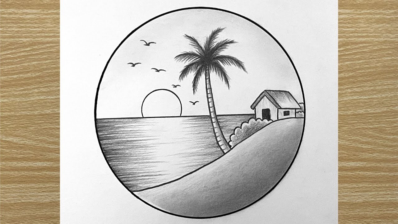 How to Draw a Beach Sunset 🌅 | Easy Pencil Landscape Drawing - YouTube