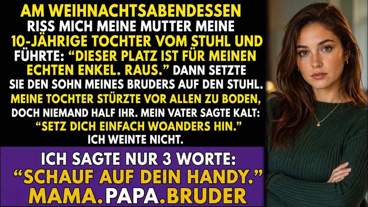Beim Weihnachtsessen riss meine Mutter meine zehnjährige Tochter am Arm von ihrem Stuhl und zischte: „Dieser Platz ist für meinen echten Enkel. Raus.“ Lilli stürzte vor aller Augen auf den harten...