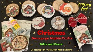 CHRISTMAS DECOUPAGE GIFTS and DECOR | NAPKINS & MOD PODGE | ➕GLITTERY “WOOD SLICE” ORNAMENTS! ❤