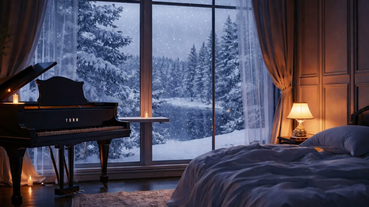 Deep Sleep Piano | Snowy Winter Night by the Window (3 Hours)