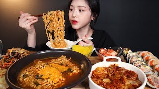 SUB)고소한 치즈라면에 치즈제육덮밥 납작만두 참치김밥 유부김밥까지 분식 먹방 리얼사운드 Cheese Ramyeon Jeyuk Deopbap Kimbap Mukbang ASMR