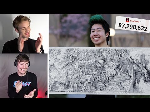 Pewdiepie & MrBeast Review My Art! - Drawing Pewdiepie For 24 Hours Straight!