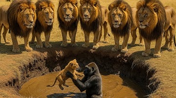 Gorilla Saves Lion Cub from Mud Pit — Then the Lion’s Pride Did Something Shocking!