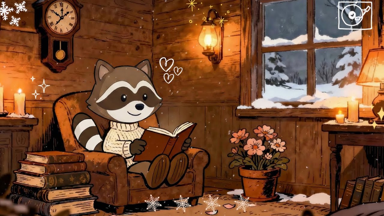 Raccoon Cozy Winter Reading Corner ❄️📖 Chill Lofi Beats, Snowy Cabin & Calm Evening Silence | Relax