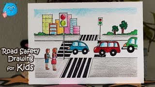 How to Draw a City Scene of Road Safety Drawing for School Kids With Color Pencils