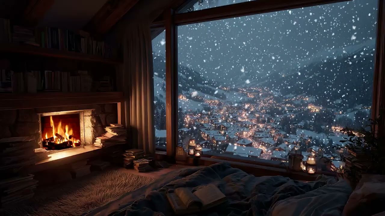 Tranquil Snowy Cabin Evening | Crackling Fireplace and Quiet Snow for Better Sleep