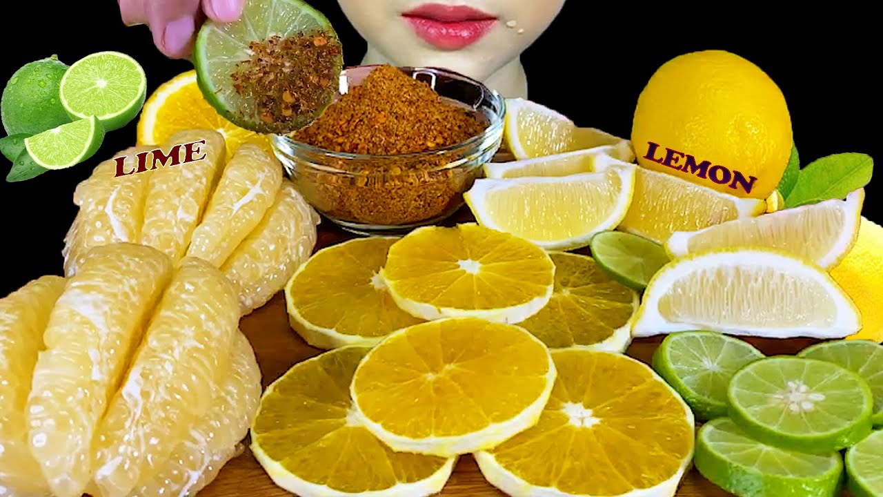 EATING SOUR FRUITS ( LEMON, LIME, WHITE GRAPEFRUIT, ORANGE FRUIT & CHILI SALT )