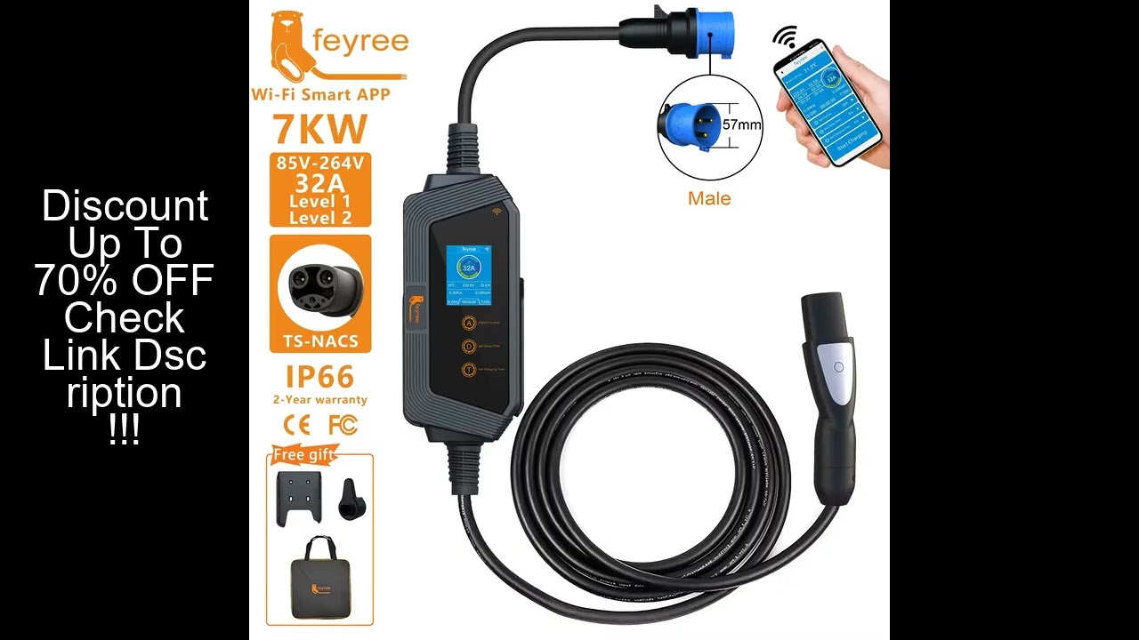 feyree Portable EV Charger with TS-NACS Connector 32A up to 50A 12kw High Power EV wallbox with APP