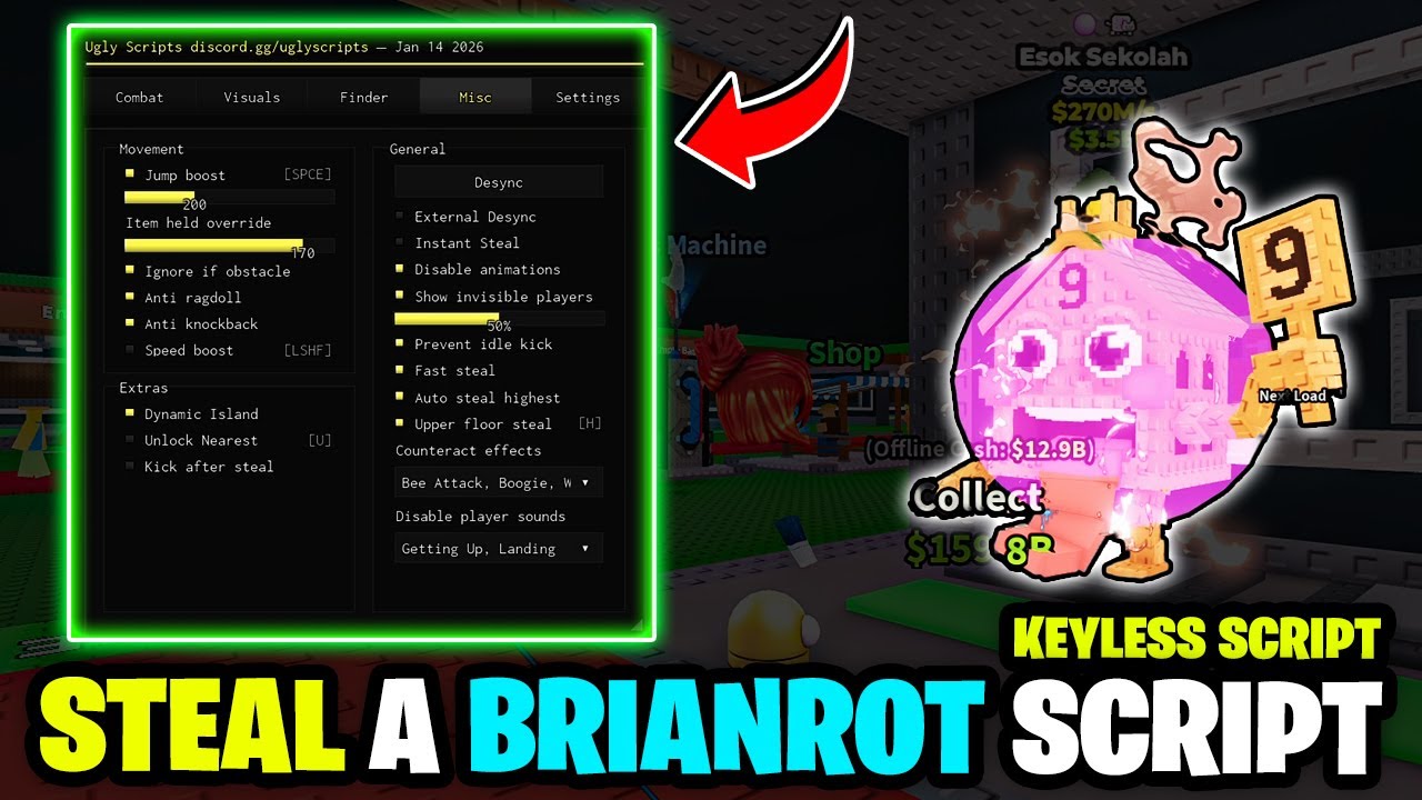 [ANTI HIT🔥] Steal a Brainrot SCRIPT *NO KEY* Ugly HUB 100% WORKING Anti Hit Desync, Undetected Duel