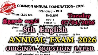 8th English Annual Exam Original Question paper 2026 | 8th English Annual Important Questions 2026