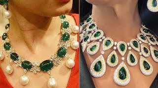 Elegant green stone diamond necklace ideas/Emerald diamond jewellery collection