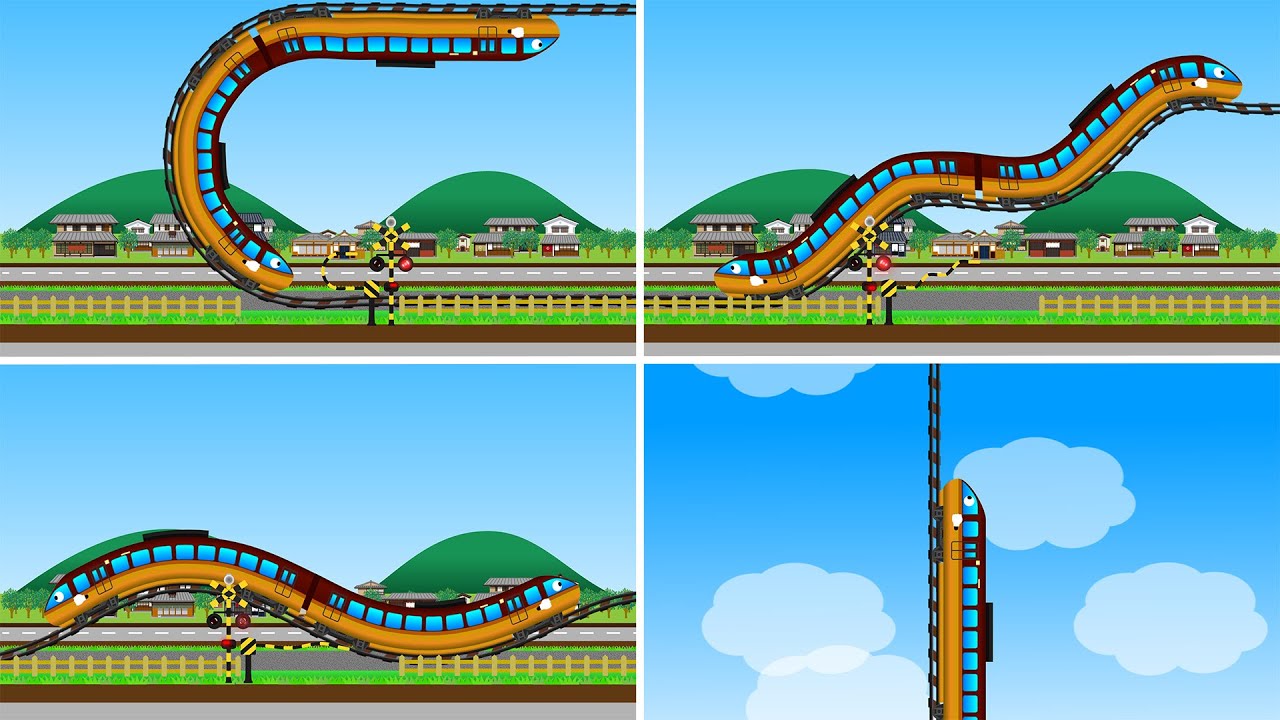 激しく曲がる踏切カンカンと線路と電車