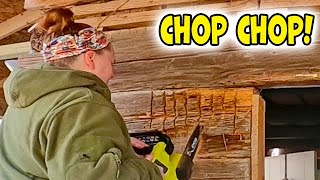 Cutting up 1800 logs & fixing the wall.